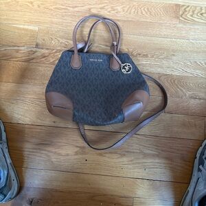 Michael Kors Dark Brown MK Logo Satchel with Tan Trim